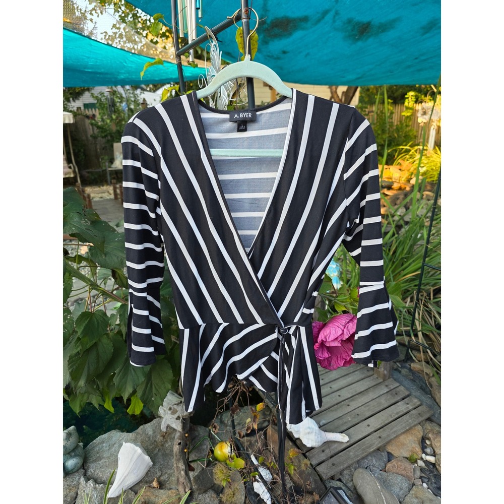 A. Byer Black and White Striped Wrap Top with Flared Sleeves - Women's Size L